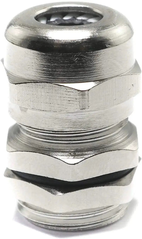 Close-up of a single PG9 waterproof metal cable gland with locknut, designed for 4 to 8mm wires, showcasing its nickel-plated finish.