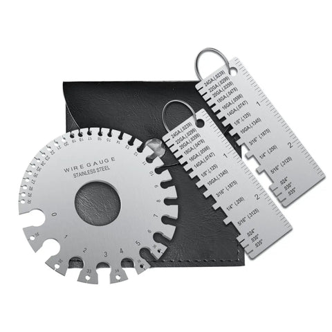 Pro Grade Wire Gauge Measuring Tool Set Of 3, Stainless Steel Dual Sided Metal Sheet Thickness Gauge For AWG And SAE Standards, Handy Welding Gauge By TOOGOND showing the three stainless steel gauges on a black pouch.