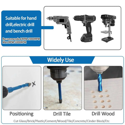 10 Piece Masonry Diamond Drill Bit Set With Quick Change Shanks For Concrete Wood Plastic Brick Ceramic Tile BeQell Carbide Tip Core Bits One Quarter To One Half Inch Range RPM 2000 To 5000 DIY Friendly Gift For Weekend Warriors used in drills for positioning, tile and wood drilling.