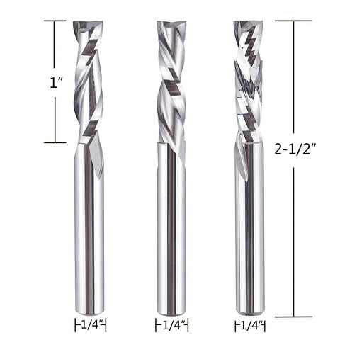 Three solid carbide spiral end mills from Five Piece CNC Router Bit Set For Serious Woodworking Enthusiasts With One Quarter Inch Shank