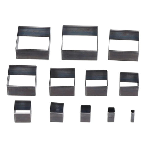 Leather Punch Tool Set With 12 Square Cutting Die Sizes From 5mm To 60mm for DIY leather crafting projects, alloy steel dies shown.