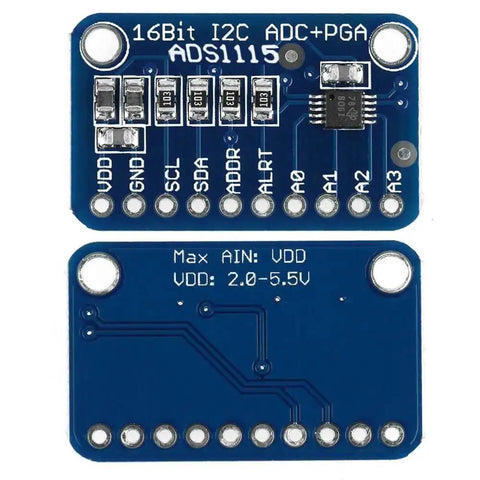 Front and back view of Four Channel 16 Bit I2C ADC Module With Programmable Gain Amplifier For Microcontrollers, labeled ADS1115.