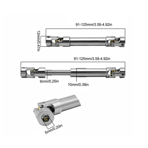 Diagram of Beefy Stainless Steel RC Drive Shaft M4 2 Pack for 1/10 Scale Crawlers with Six Tooth Spline, Brass Ball End, 91mm