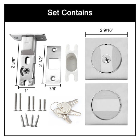 Set contents of Pocket Door Lock With Key Privacy Door Hardware For Bedroom And Bath Inset Two Sided Lock With Two And Three Eighths Backset