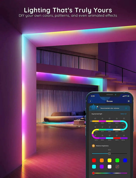 RGBIC LED Strip Lights With Bluetooth App Control For Bedroom Decor 16.4ft illuminating a modern living room with vibrant colors and smartphone app control interface visible.