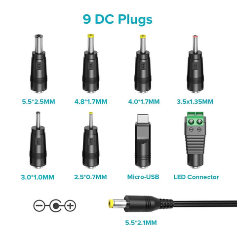 Universal AC DC Power Adapter 12W with 8 tips 5.5x2.1mm and 5.5x2.5mm micro USB output for routers, speakers, CCTV, LED lights