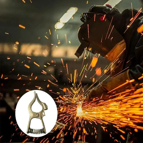 300 Amp T Style Brass Welding Ground Clamp For Rock Solid Grounding And Large Cable Connections 7 Inch Long With One And Three Quarter Inch Jaw Opening Durable Brass Construction Golden Finish depicted next to a welding scene.