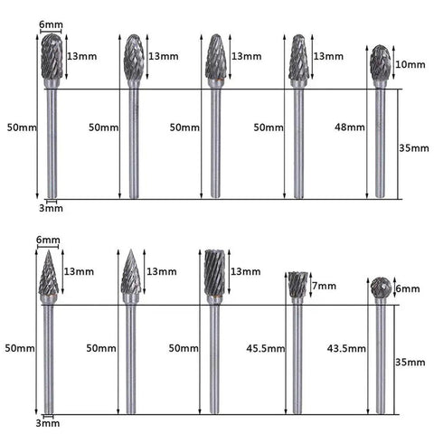 Double Cut Carbide Rotary Burr Set Pro Grade 10 Pc Kit With One Eighth Inch Shank And Quarter Inch Head Tungsten Carbide Die Grinder Bits