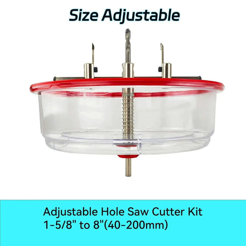 Adjustable Hole Saw Cutter Kit from one and five eighths inch to eight inch with ABS dust cover shown from side view