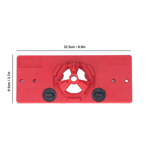 Red woodworking hinge hole saw jig with 35mm drill guide for precise positioning and drill alignment in cabinet projects.