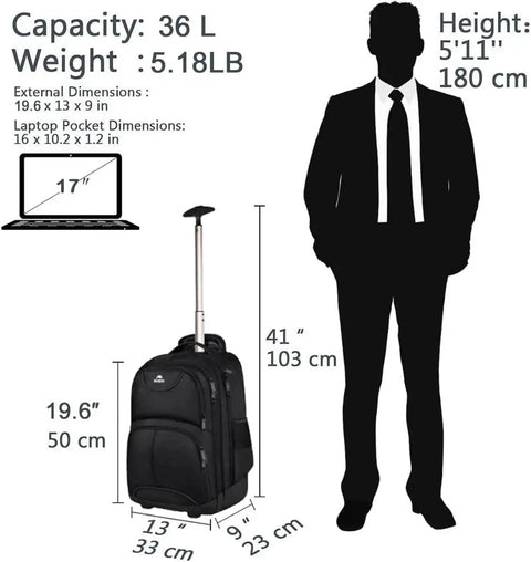 Rolling Laptop Backpack With Wheels 17 Inch Water Resistant Carry On Luggage next to silhouette for size comparison
