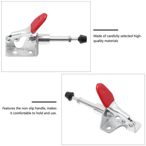 Four Pack Horizontal Toggle Clamps With Push Pull Quick Release For Workholding And Fixture Applications Workhorse Grade Hand Tool Clips For Secure Fastening And Easy Setup In The Workshop.