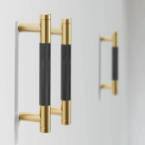 10 Pack Gold And Black 3 3/4 Inch Brass Round Knurled Pattern Drawer Pulls Cabinet Handles installed on a cabinet door