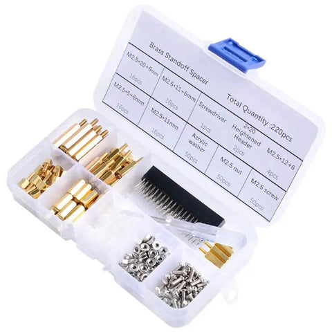 All In One M2.5 Brass Standoff Kit With Box For Raspberry Pi Includes 220 Pcs Hex Spacers Nuts Screws Acrylic Washers Male And Female Hardware And Screwdriver in open plastic case showing brass standoffs, screws, and nuts.