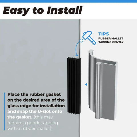 Illustration showing installation tips for Chrome Glass Sliding Shower Door Pull Handle For 3/16 And 1/4 Inch Thick Glass.