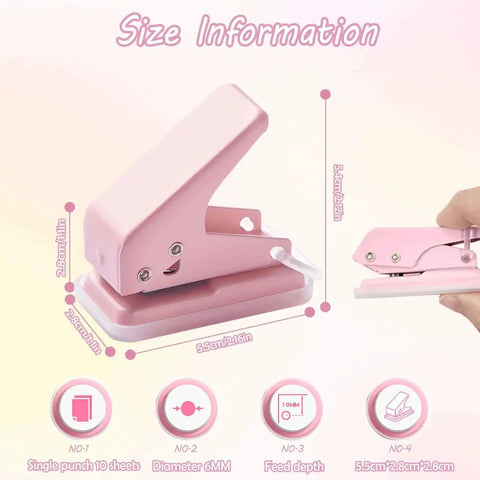 2 Pack Mini Hole Punch 6mm Circle Holes Ultra Compact 10 Sheet Capacity Pocket Sized Puncher For Paper Card Stock Index Cards Chipboard And Crafts Pink And Purple, side view with dimensions