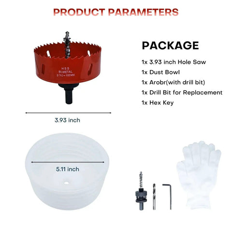Pro Grade Four Inch Hole Saw Kit For Recessed Lighting With Dust Bowl Catcher Bi Metal Cutter For LED And Drywall Wood And Metal Includes Arbor Replacement Drill Bit Hex Key And Gloves DIY Friendly shown with parts list and dimensions.