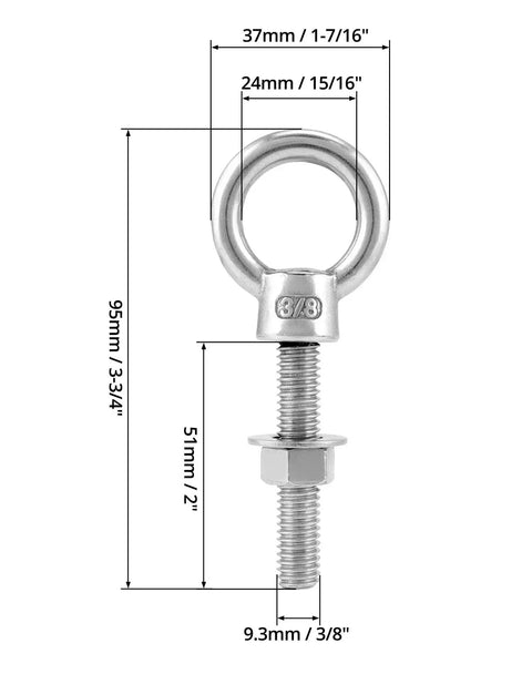 Diagram showing dimensions of Threaded Eyebolts 10 Pack 3/8 X 2 Inches, 304 Stainless Steel Marine Grade Shoulder Eye Bolt with threads and nuts.
