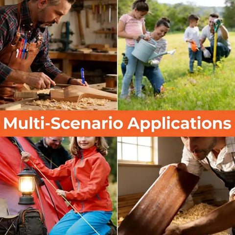 Four images showing a carpenter working with wood, a family gardening, a person setting up a rope, and someone cleaning shavings.