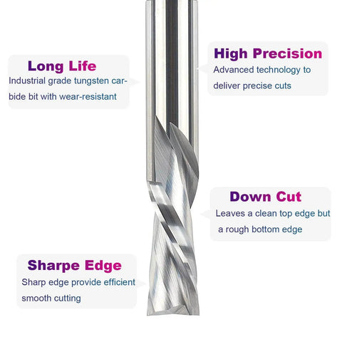 Downcut Spiral Router Bit For Wood Carving One Half Inch Shank One Half Inch Cutting Diameter Solid Carbide CNC End Mill For Plunge Cuts One And A Quarter Inch Cutting Length Three Inch Total Length Fits One Half Inch Collets SpeTool showcases cutting features and highlights.