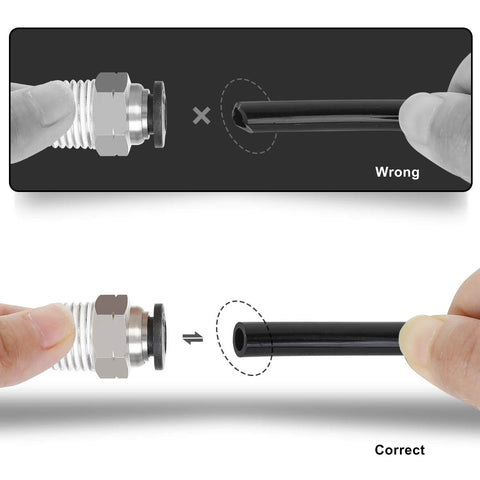 Hromee air line tubing kit with 1/4 in PU tube and push-to-connect fittings; black tubing shown with correct insertion.