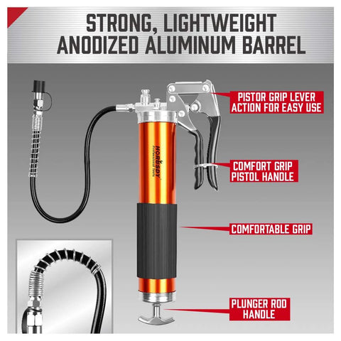 HORUSDY heavy-duty grease gun with orange anodized aluminum barrel, black grip, pistol handle and 18-inch flexible hose.