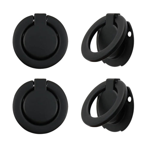 Four Pack Matte Black Recessed Ring Pull Handles For Cabinets And Drawers Round Concealed Door Pull Knobs With 1.38 Inch Hole Centers Zinc Alloy 1.81 Inch Outer Diameter And 6mm Thick Flush Mount. Front and side views of the black concealed knobs in a set.