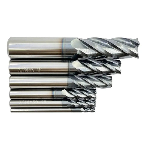 Six Piece Carbide Square End Mill Set Four Flute AlTiN Coated HRC 45 Tungsten Steel Milling Bits, sizes 1/8 inch to 1/2 inch