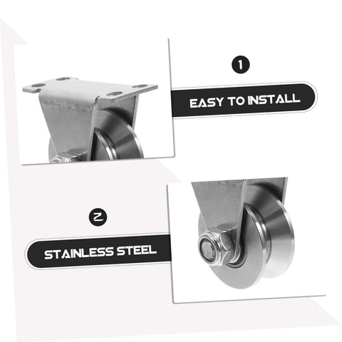Image showing the side view of 2 Pack Stainless Steel Pulley Track Wheel Set For Sliding Gate Guide Roller, labeled easy to install, durable.