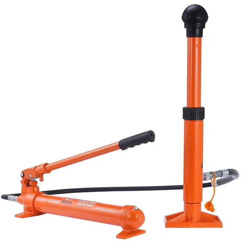 12 Ton Porta Power Kit With Hydraulic Ram And Pump 4.6 Ft Oil Hose Portable, showing hydraulic ram and pump in orange
