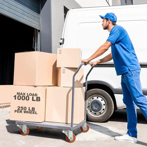 Person using 4 Pack Swivel Plate Stem Casters With Red Polyurethane Wheels, 3 Inch Wheel Diameter for moving boxes on a cart