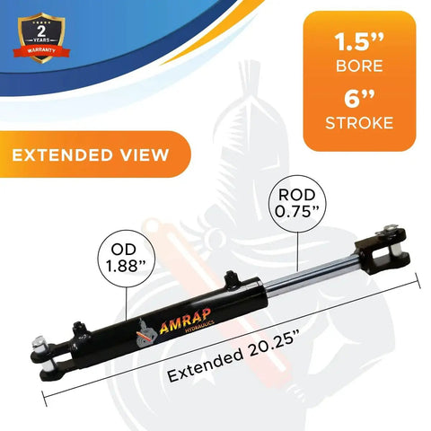 Extended view of 1.5 In Bore 6 In Stroke Welded Double Acting Hydraulic Cylinder Clevis 3000 PSI with dimensions