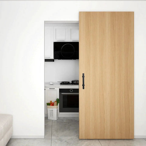 Sliding Barn Door Pull Handle Set With Flush Hardware In Rustic Black Powder Coat Finish on a wooden interior door
