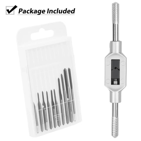 Micro Taps Bit Set 10Pcs Metric Hand Taps M1 To M3 Point Five High Speed Steel HSS Plug Tap Set with adjustable wrench shown.