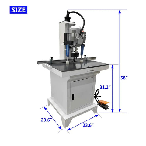 Side view of 110V Pneumatic Hinge Drilling Machine For Doors And Cabinets Single Head Hinge Boring Drill Press With Large Workbench