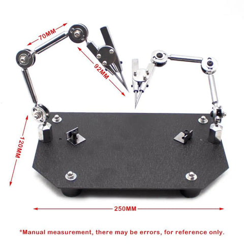 Universal Welding Fixture With Third Hand Soldering Station Jewelry Clamp And Double Head Weld Jig Rebound Tweezers Heatproof Expansion Board 360 Degree Rotating Port Detachable Heavy Base Grooved Chuck For Stable Clamping, side view.