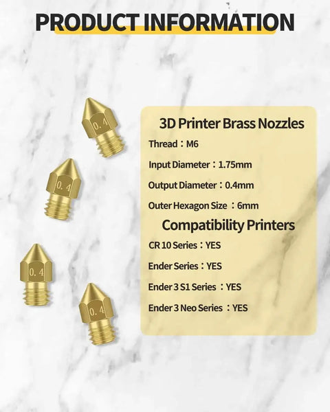 Image showing 0.4mm brass MK8 3D printer nozzle set product information for Ender 3 V2, CR10, with threading details and compatibility list.