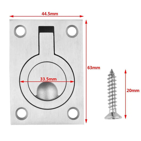 2 Pack Square Flush Pull Ring Handles For Recessed Boat Hatch Latch And Cabinet Flush Mount Hidden Lifting Ring Handles In 304 Stainless Steel with dimensions and screws