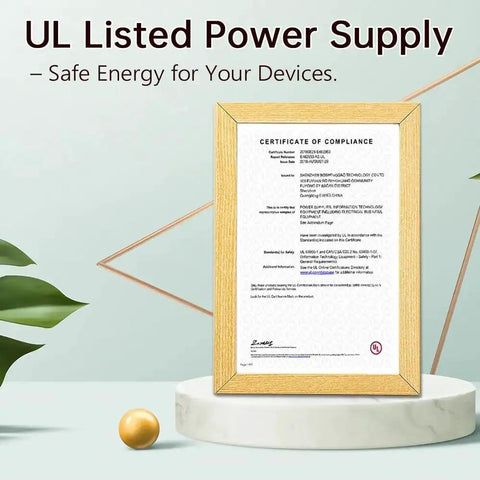 Certificate of compliance for UL Listed 9V AC Power Adapter With 5.5x2.1mm Plug, 6.6ft Cord in wooden frame
