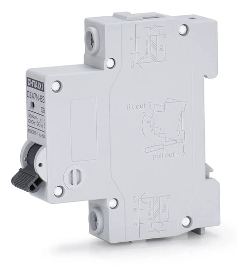 Side view of AC Miniature Circuit Breaker 20 Amp 120V 240V One Pole DIN Rail Mount MCB With Thermal Magnetic Trip Solar Disconnect Switch C20