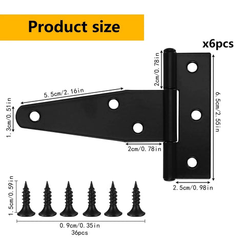 6 Pack 3 Inch T Strap Hinges Heavy Duty Black Outdoor Tee Hinges with Screws for Wooden Fences, Gates, Shed Doors Hardware