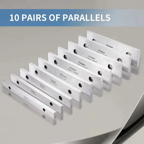 Image of 10 pairs of thin parallels from Pro Grade 1-2-3 Block And Thin Parallel Set For Machinists, made of hardened alloy steel.