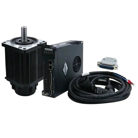 Front view of black servo motor with attached driver module and bundled control cable with DB-style connector