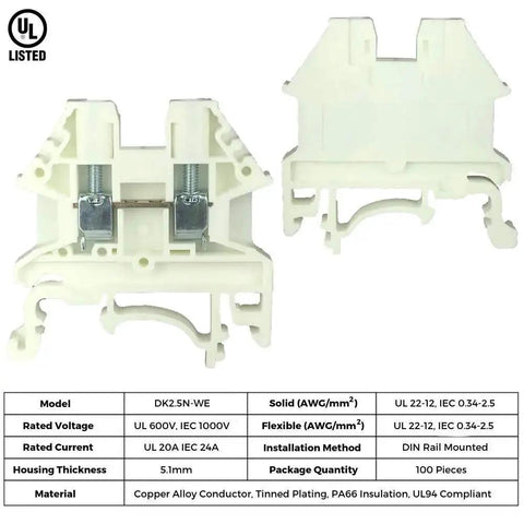 White DK2.5N-WE DIN Rail Terminal Block Screw Type 600V 20A 12-22AWG Pack Of 50, shown with specification table and UL listing.