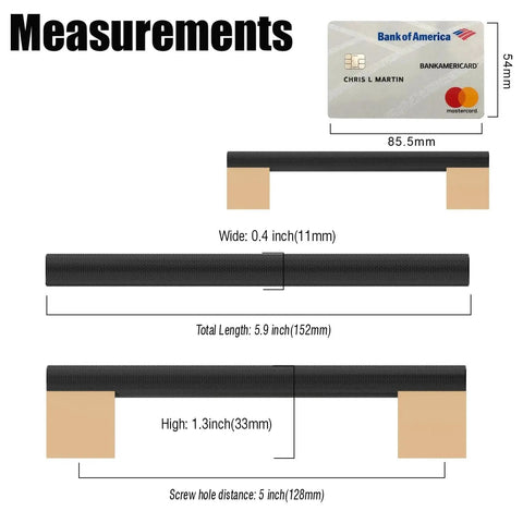 Five Inch Black And Gold Knurled Cabinet Pulls Set Of Ten Heavy Duty Drawer Handles measurement details with dimensions and credit card scale.