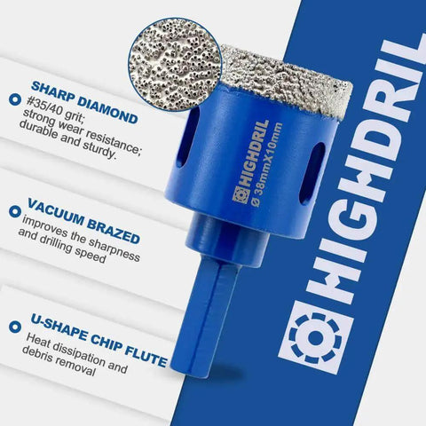 Dry Diamond Tile Drill Bit With Hex Shank 30mm Diameter For Porcelain Ceramic Marble And Granite Tough Materials Vacuum Brazed Core Bit Delivers Fast Chip Removal Low Heat Clean Edges Fits Most Electric Drills, featuring sharp diamond grit and U-shape chip flute.