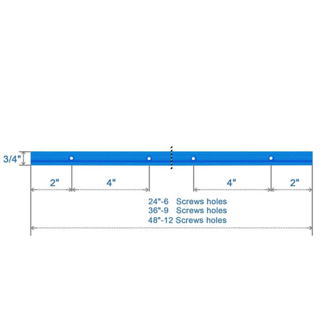 Diagram of a 24-inch aluminum T-track with screw hole measurements, part of the Two 24 Inch Aluminum T Track Set With Hold Down Clamps For Woodworking.