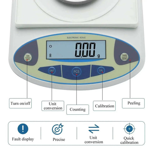 Pro Grade Digital Precision Balance 5000g By 0.01g Lab Scale with display and control buttons for jewelry and kitchen use