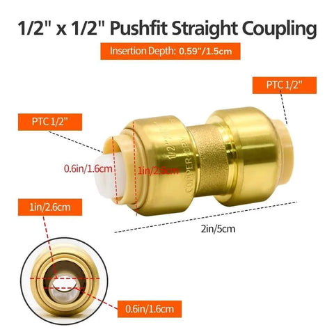 2 Pack One Half Inch Push To Connect Straight Fittings With Disconnect Clip Tool Included For Copper Pex And CPVC Pipe Durable Brass Construction Ideal For Plumbing And Hydronic Heating Systems Fast Easy Leak Free Connections, close-up view of fitting measurements and details.