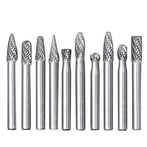 Tungsten Carbide Burr Set 10 Piece One Quarter Inch Shank Double Cut Rotary Burrs For Die Grinder Steel Metal Woodworking Carving Polishing Engraving Premium Quality Bits For DIY Professionals